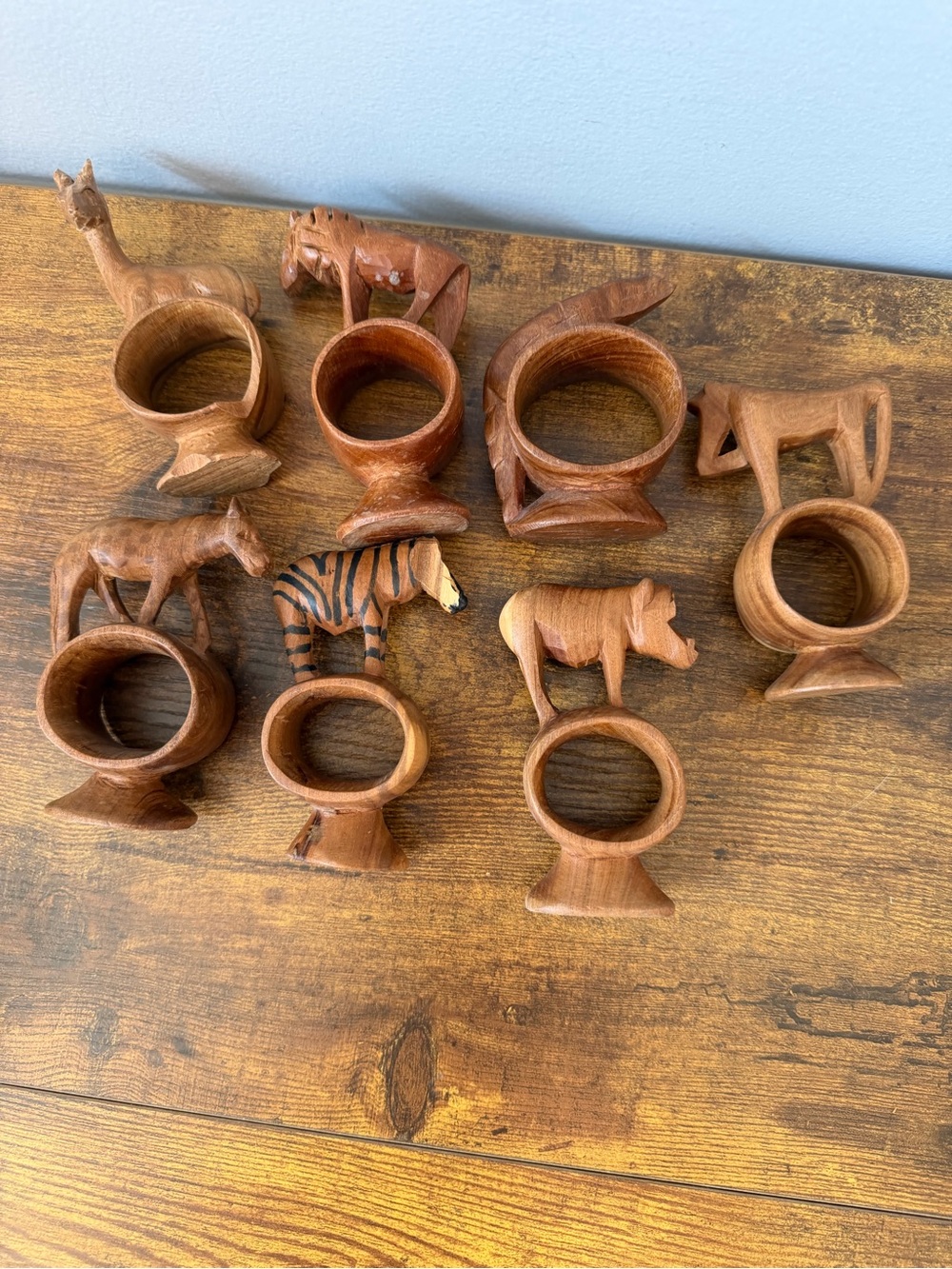 Vintage Hand Carved Wood Safari Animal Napkin Rings Zebra Rhino African Decor